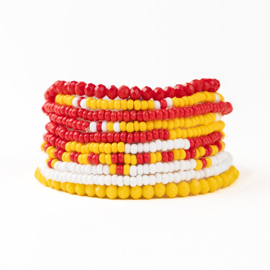 Game Day Color Block Beaded 10 Strand Stretch Bracelet Set Red and Yellow Bracelet