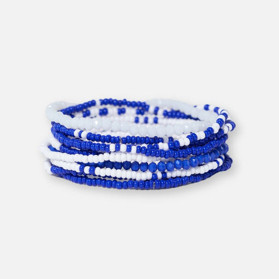 Game Day Color Block Beaded 10 Strand Stretch Bracelets Blue + White