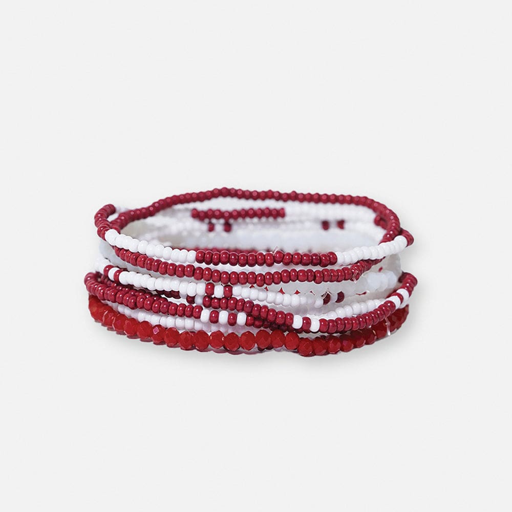 Game Day Color Block Beaded 10 Strand Stretch Bracelets Dark Red + White
