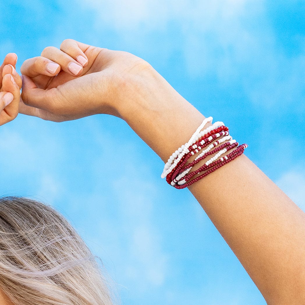 Game Day Color Block Beaded 10 Strand Stretch Bracelets Dark Red +