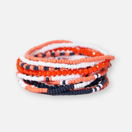 Game Day Color Block Beaded 10 Strand Stretch Bracelets Navy + Orange