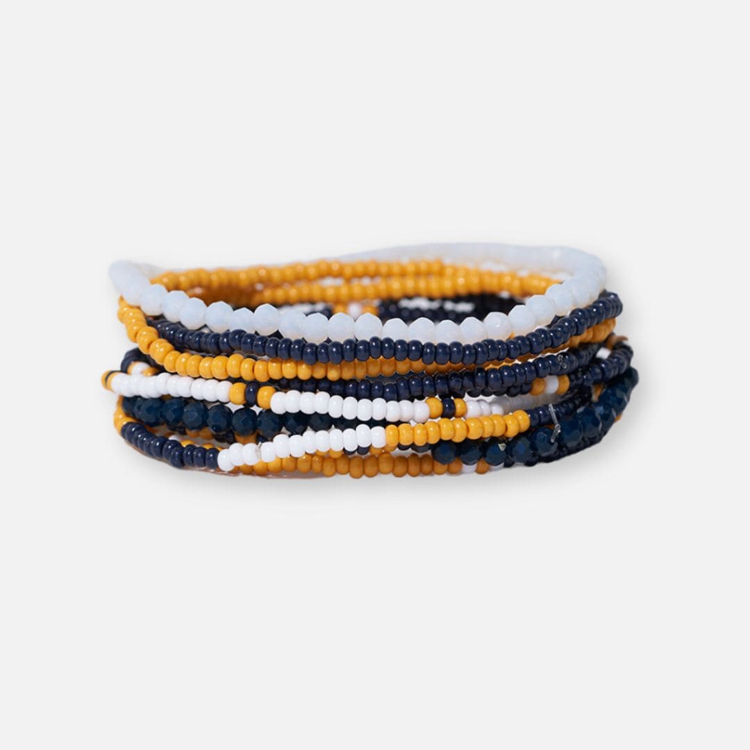 Game Day Color Block Beaded 10 Strand Stretch Bracelets Navy + Yellow