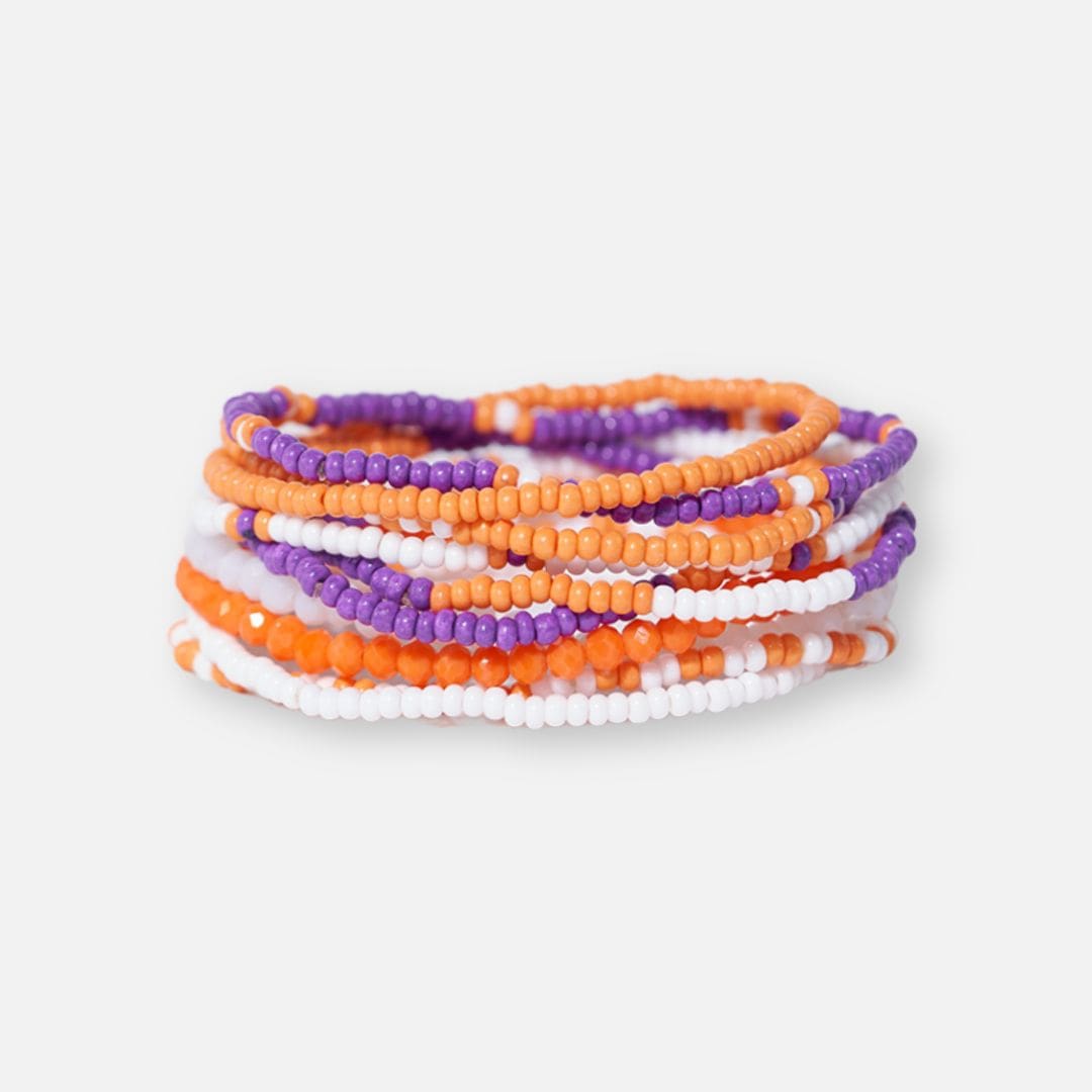 Game Day Color Block Beaded 10 Strand Stretch Bracelets Orange + Purple