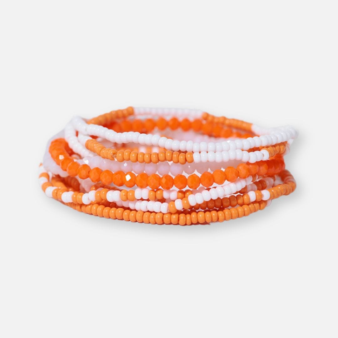 Game Day Color Block Beaded 10 Strand Stretch Bracelets Orange + White