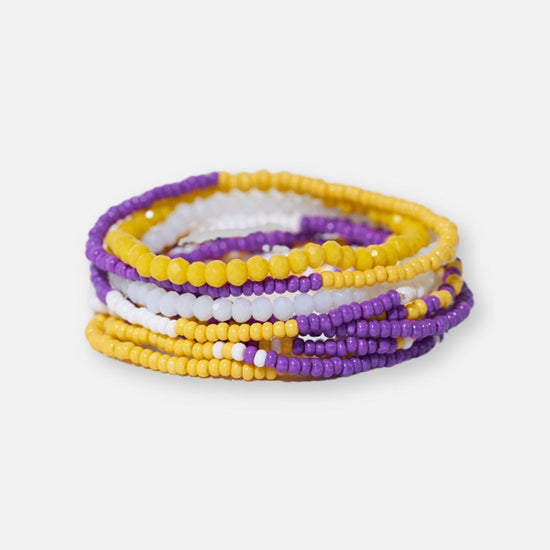 Game Day Color Block Beaded 10 Strand Stretch Bracelets Purple + Yellow