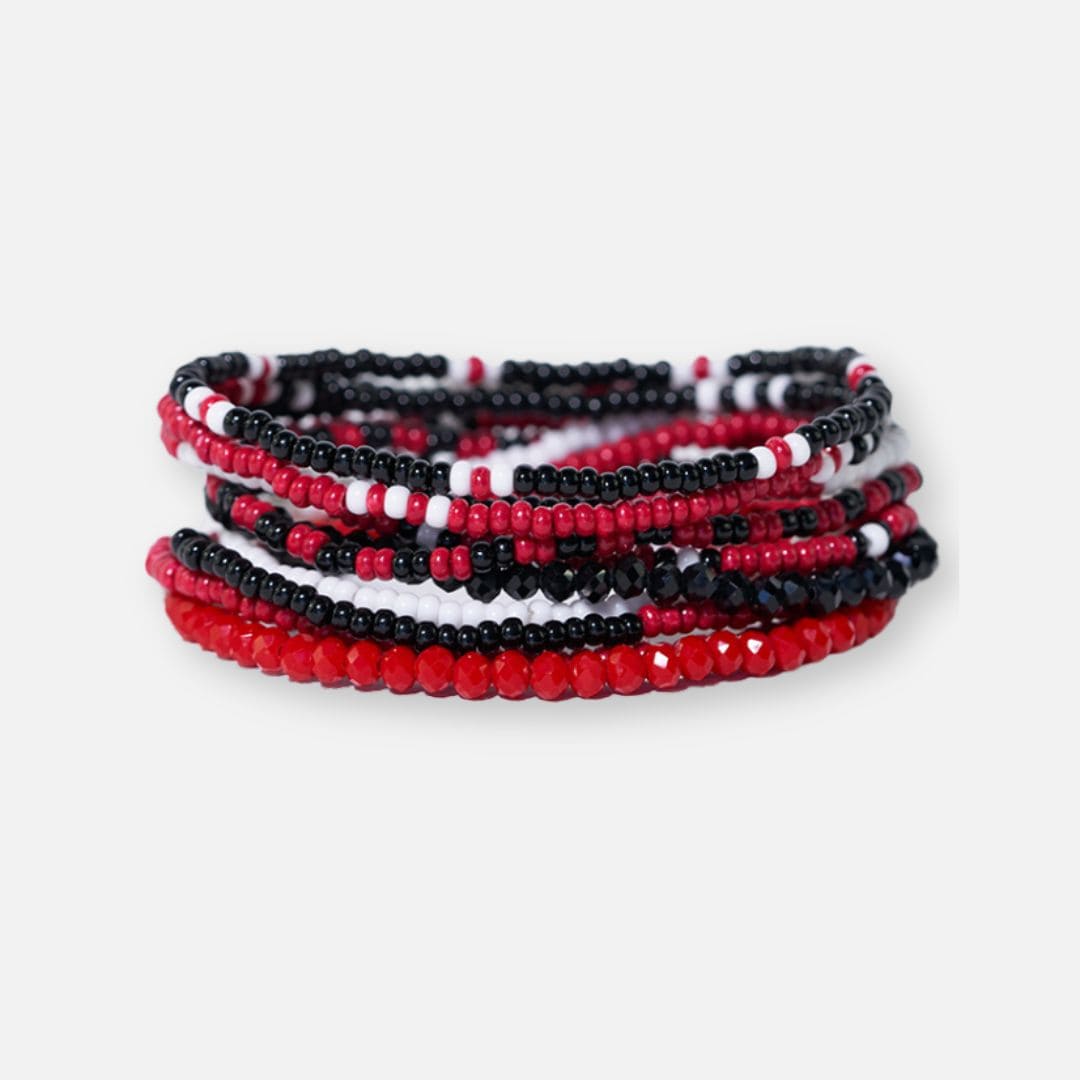 Game Day Color Block Beaded 10 Strand Stretch Bracelets Red + Black