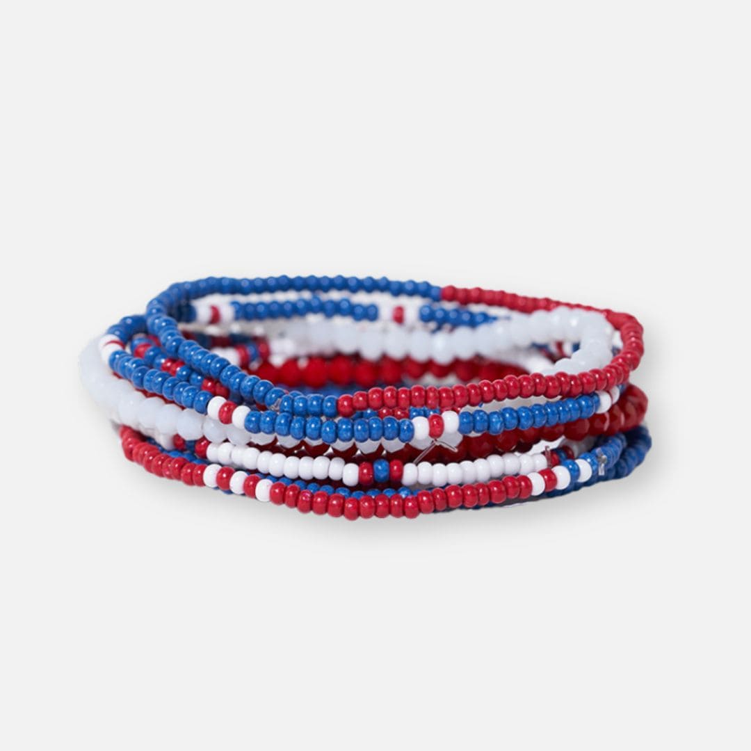 Game Day Color Block Beaded 10 Strand Stretch Bracelets Red + Blue Bracelet