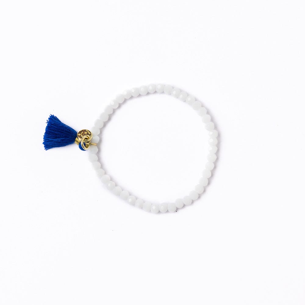 Game Day Crystal Stretch Bracelet With Tassel Blue + White Stretch