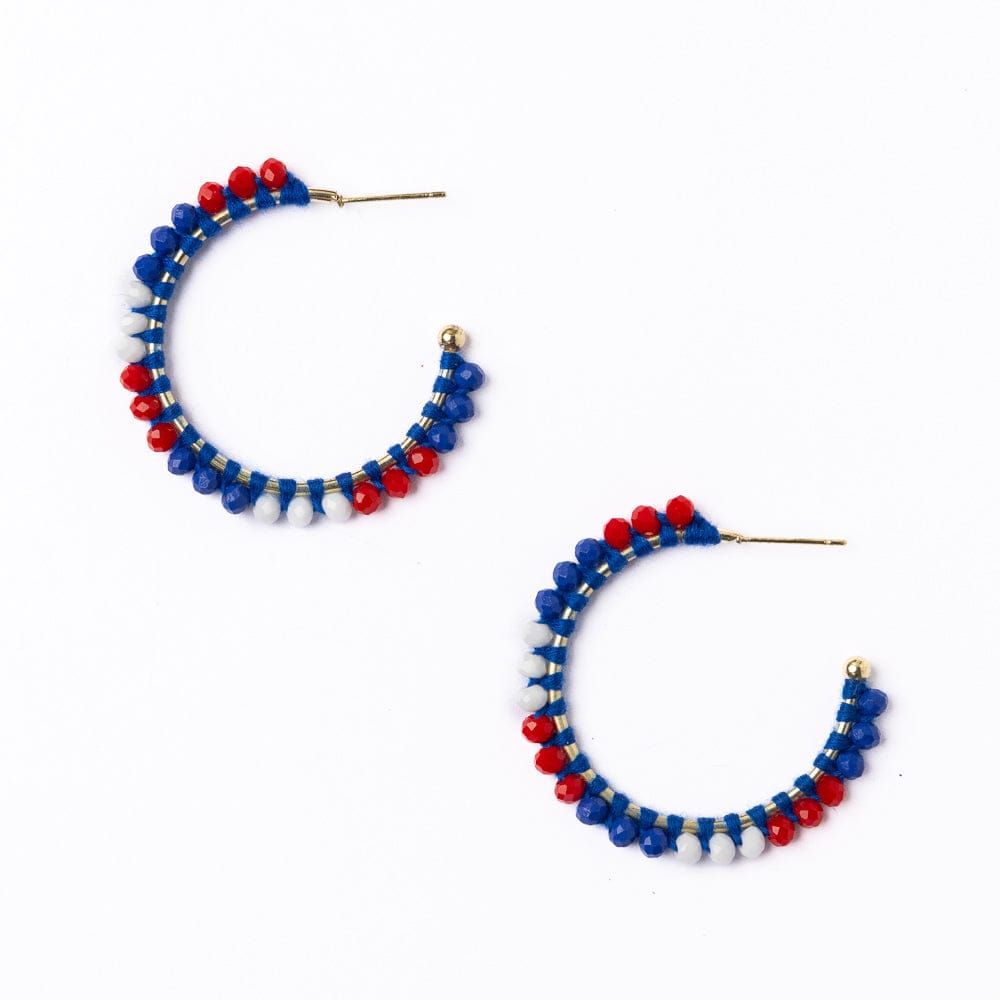 Game Day Crystal Threaded Beads Hoop Earrings Blue + Crimson Hoops