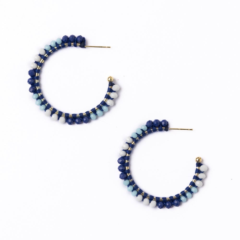 Game Day Crystal Threaded Beads Hoop Earrings Navy, Blue, + White Hoops