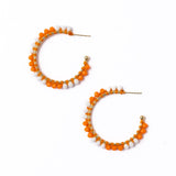 Game Day Crystal Threaded Beads Hoop Earrings Orange + White Hoops