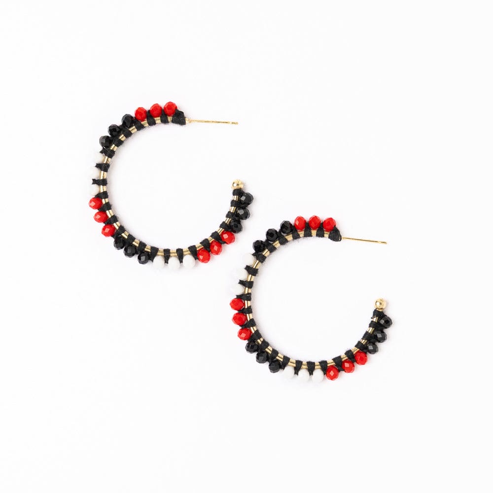 Game Day Crystal Threaded Beads Hoop Earrings Red + Black Hoops