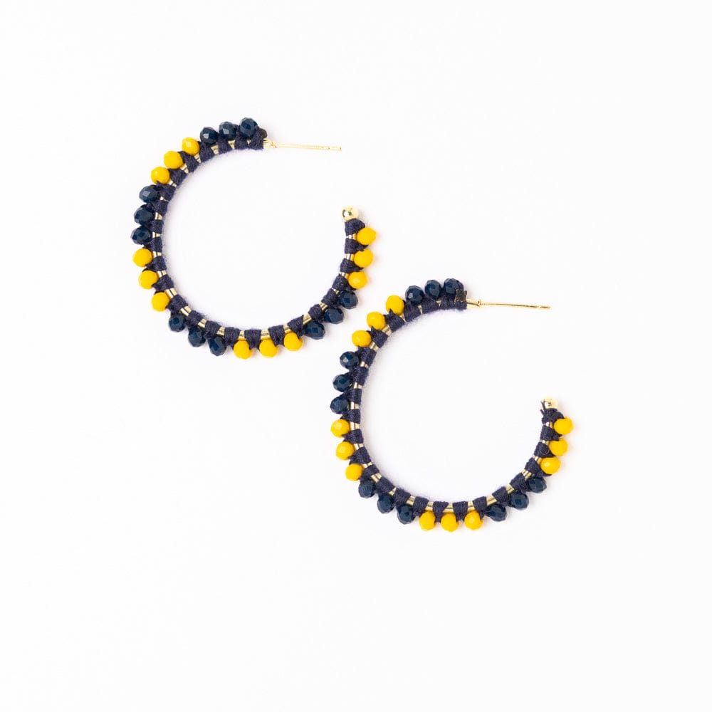 Game Day Crystal Threaded Beads Hoop Earrings Yellow + Blue Hoops