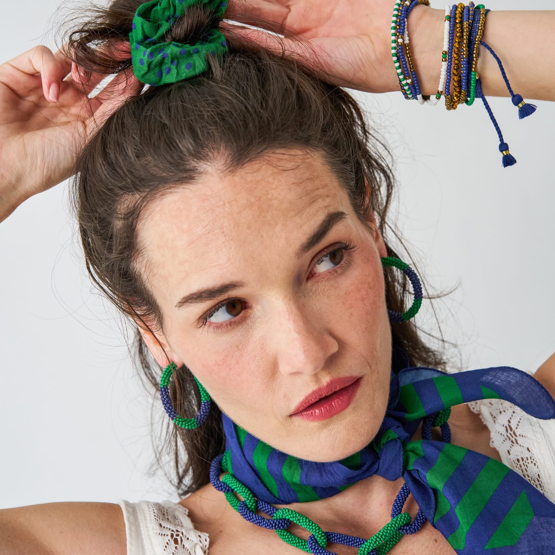 Game Day Diagonal Stripe Scarf + Scrunchie Blue + Green 21x21 Scarf