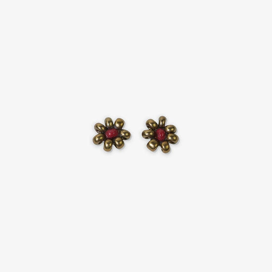 Game Day Flower Two Color Beaded Post Earrings Gold + Dark Red