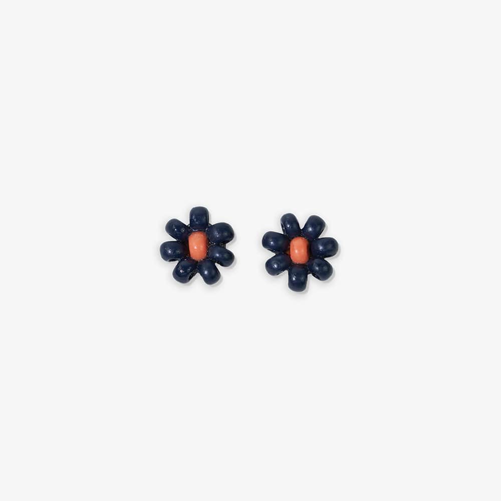 Game Day Flower Two Color Beaded Post Earrings Navy + Orange