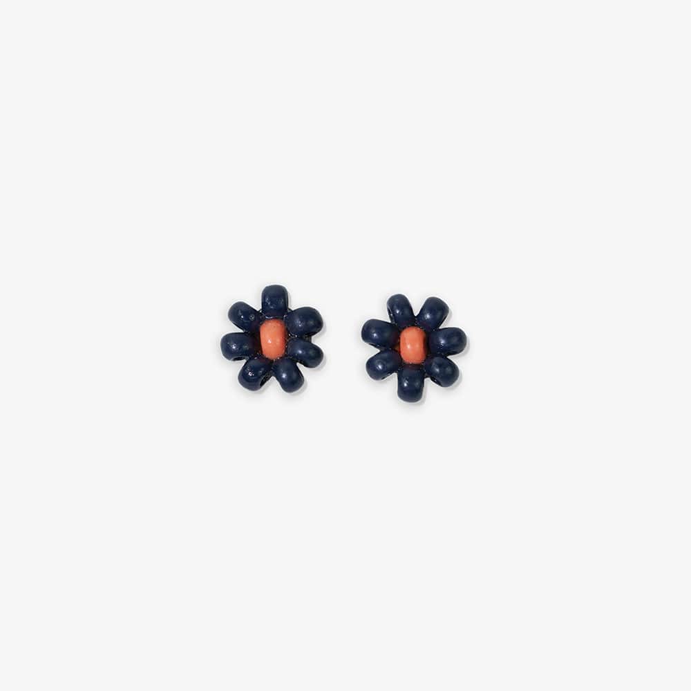 Game Day Flower Two Color Beaded Post Earrings Navy + Orange
