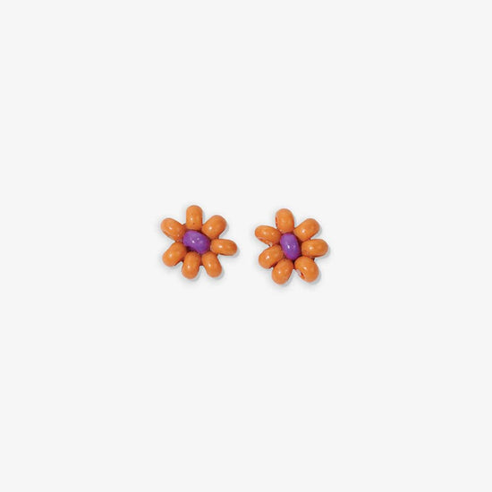 Game Day Flower Two Color Beaded Post Earrings Orange + Purple