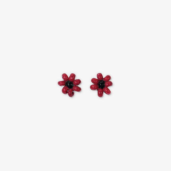 Game Day Flower Two Color Beaded Post Earrings Red + Black
