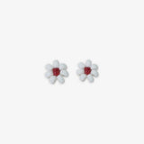 Game Day Flower Two Color Beaded Post Earrings White + Dark Red