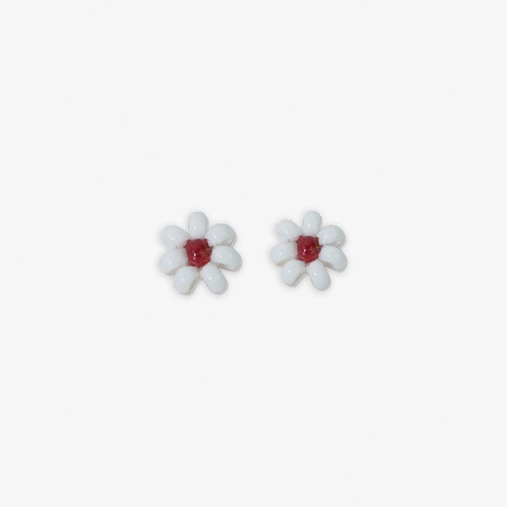 Game Day Flower Two Color Beaded Post Earrings White + Dark Red