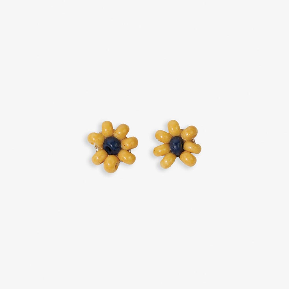 Game Day Flower Two Color Beaded Post Earrings Yellow + Navy