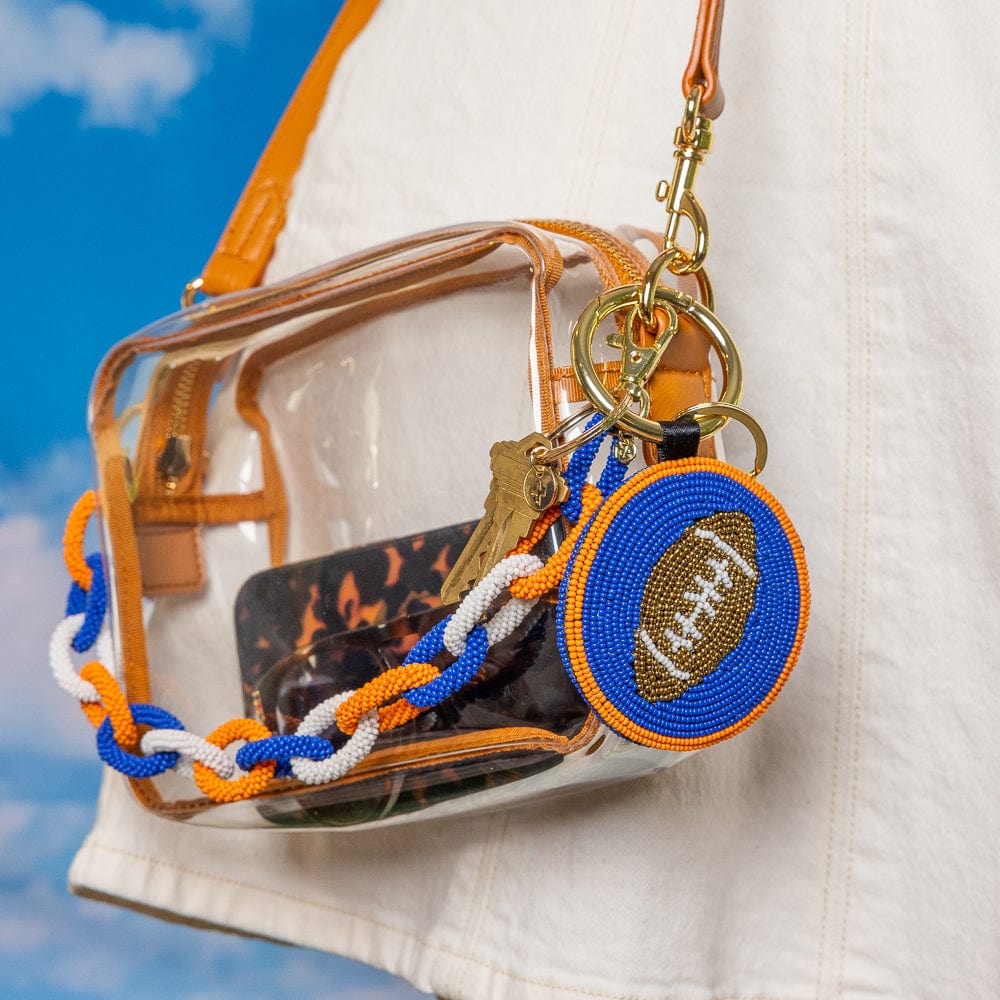 Game Day Football Beaded Bag Charm Blue + Orange Key Ring + Bag Charm