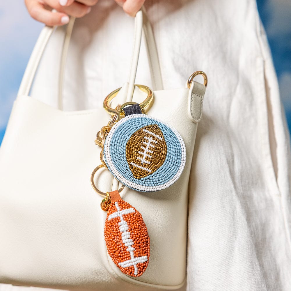 Game Day Football Beaded Bag Charm Navy, Blue, + White Key Ring + Bag Charm