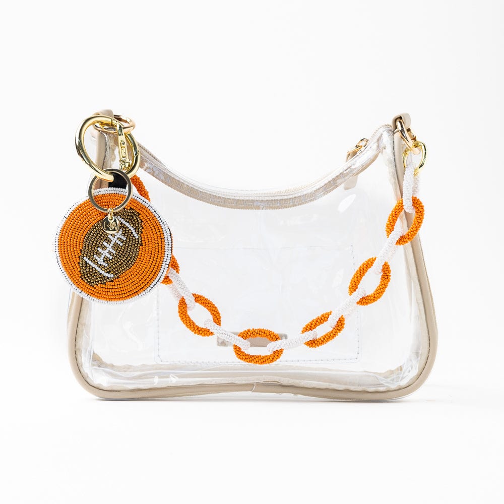 Game Day Football Beaded Bag Charm Orange + White Key Ring + Bag Charm
