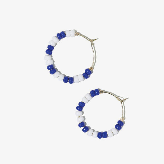 Game Day Mixed Seed Bead Hoop Earrings Blue + White