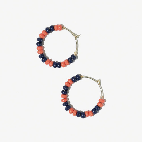 Game Day Mixed Seed Bead Hoop Earrings Navy + Coral