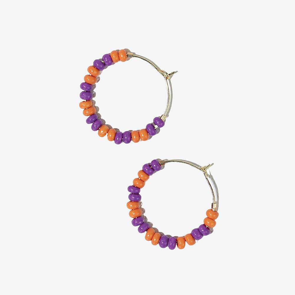 Game Day Mixed Seed Bead Hoop Earrings Orange + Purple