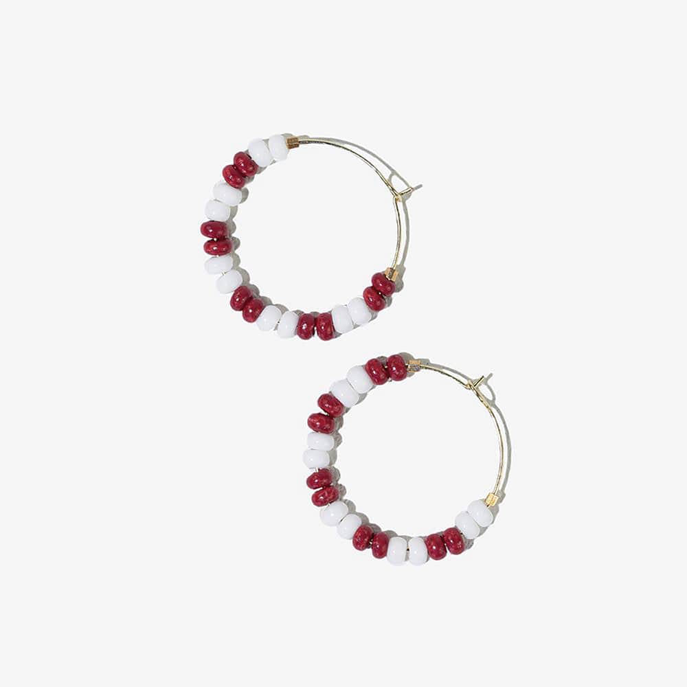 Game Day Mixed Seed Bead Hoop Earrings White + Dark Red