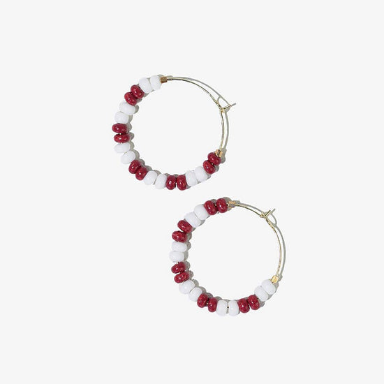 Game Day Mixed Seed Bead Hoop Earrings White + Dark Red