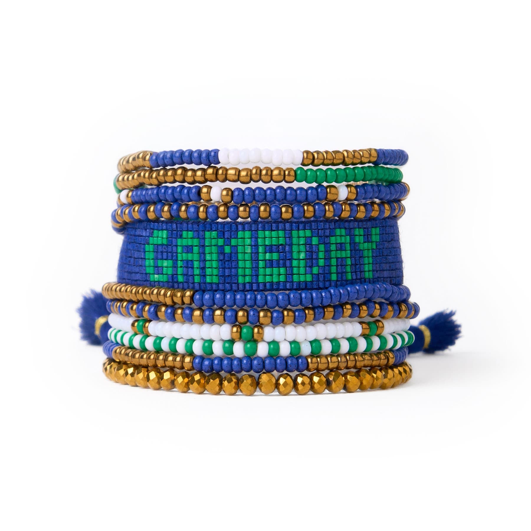 Game Day Sage 10 Strand + Gabby Stack Blue, Green, + Gold Stack