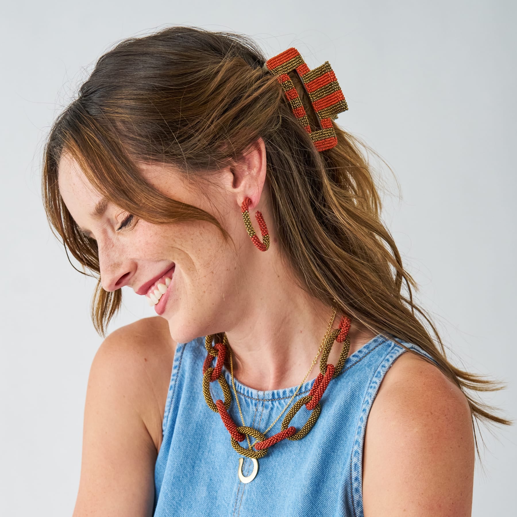 Game Day Striped Beaded Hair Claw Clip Burnt Orange + Gold Clip