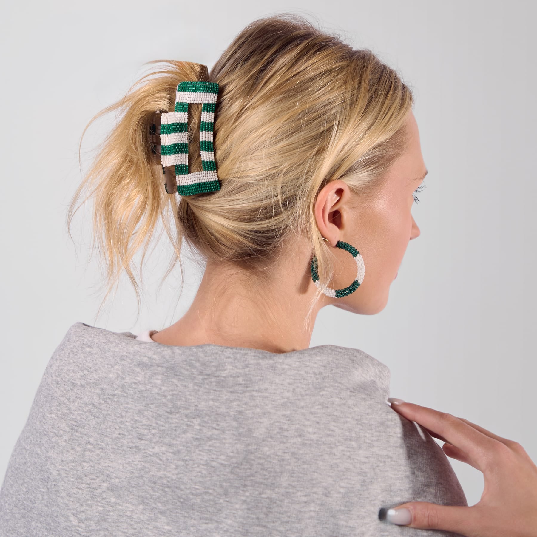 Game Day Striped Beaded Hair Claw Clip Green + White Clip