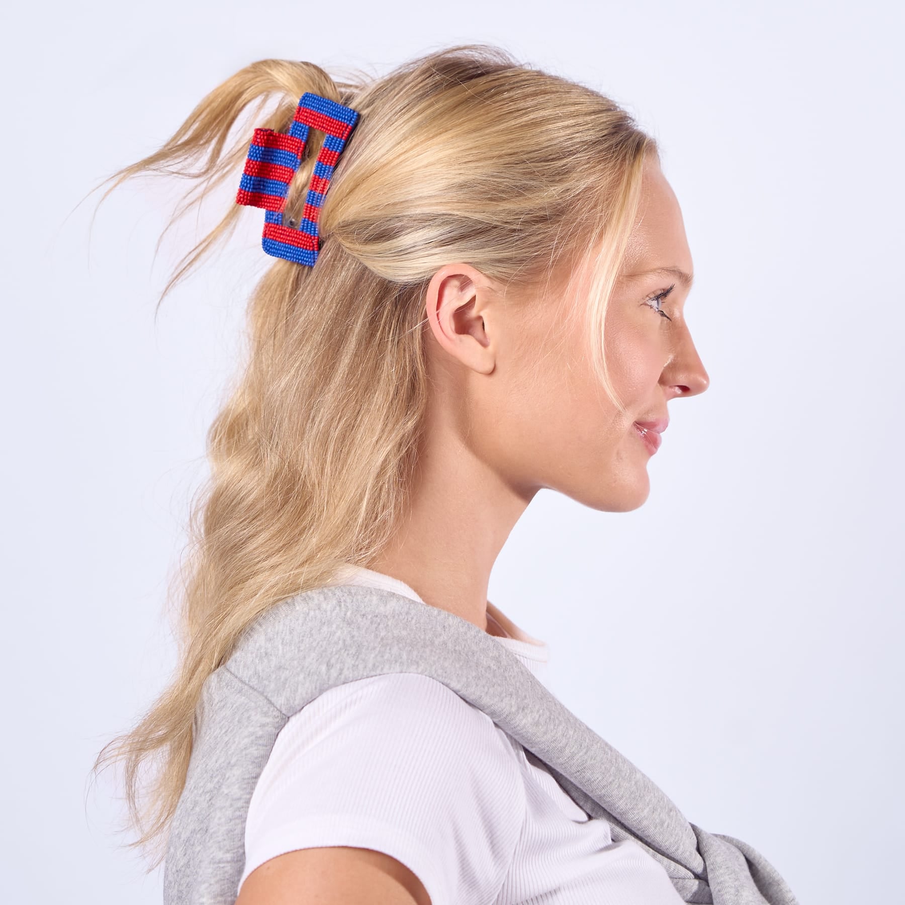 Game Day Striped Beaded Hair Claw Clip Red + Blue Clip