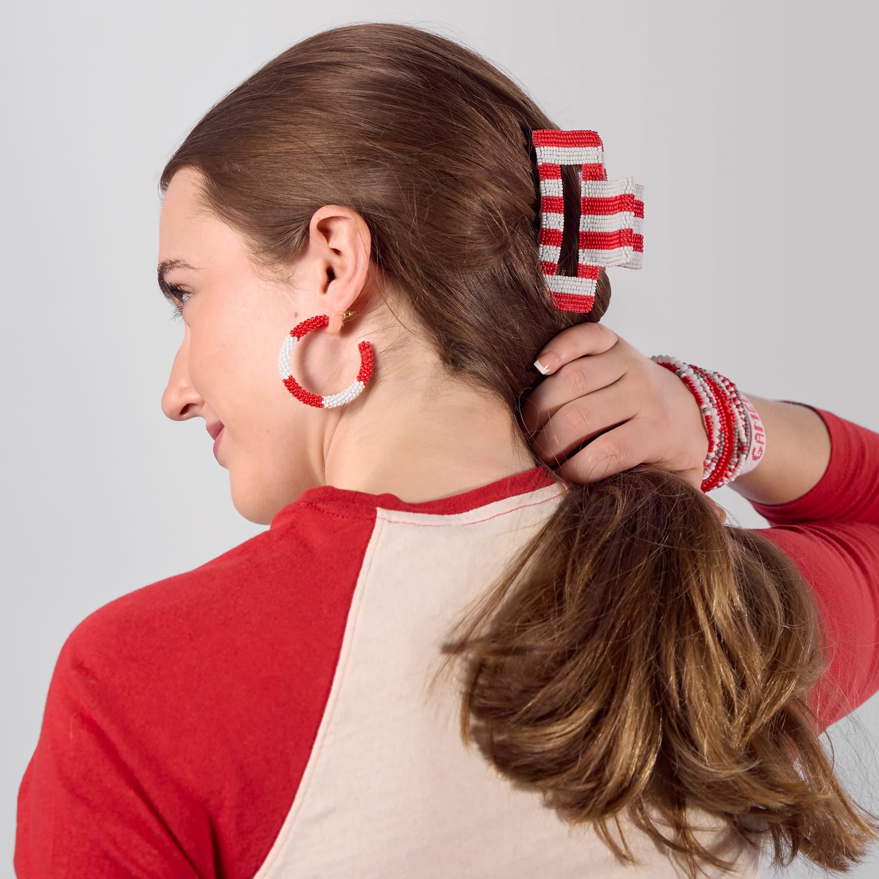 Game Day Striped Beaded Hair Claw Clip Red + White Clip