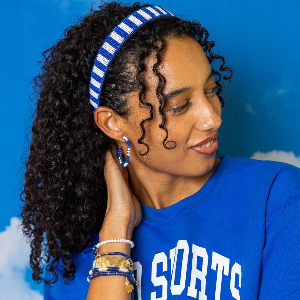 Game Day Striped Beaded Headband Blue + White Hair Accessory