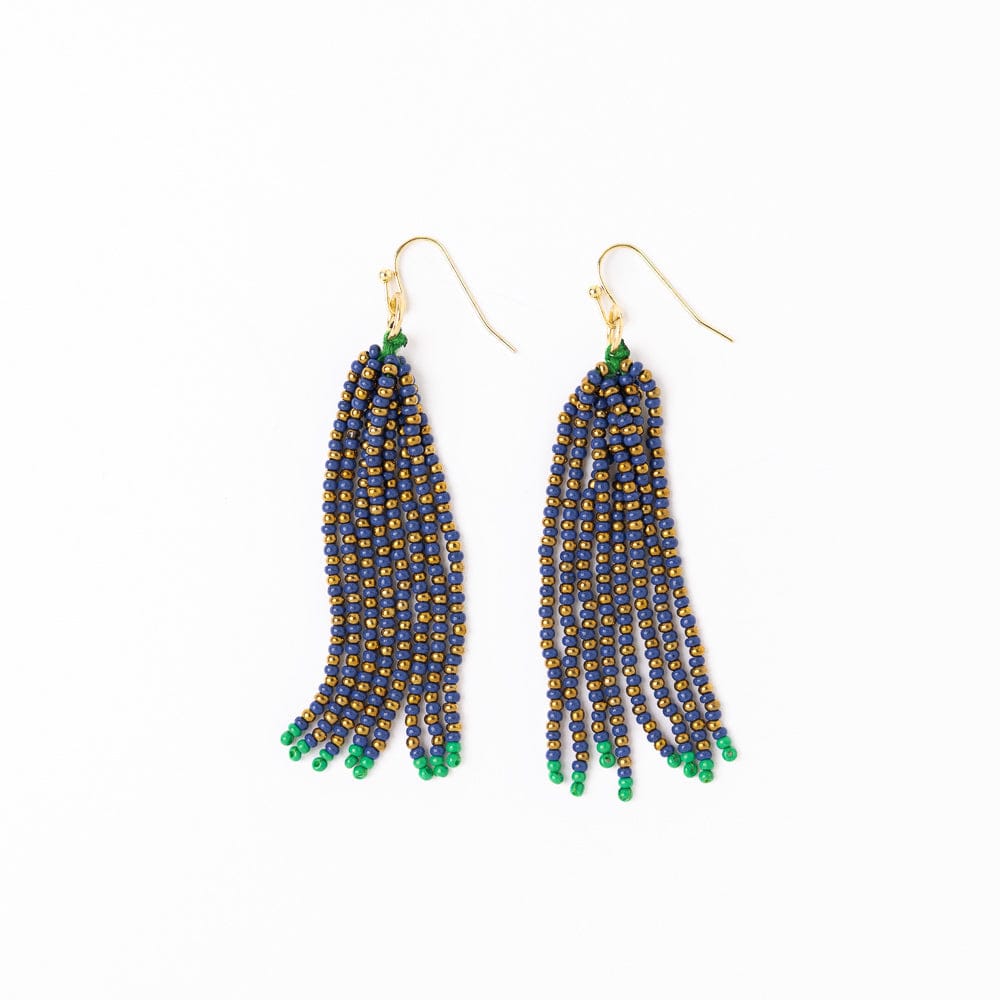Game Day Tassel Seed Bead Earrings Blue, Gold, + Green Fringe