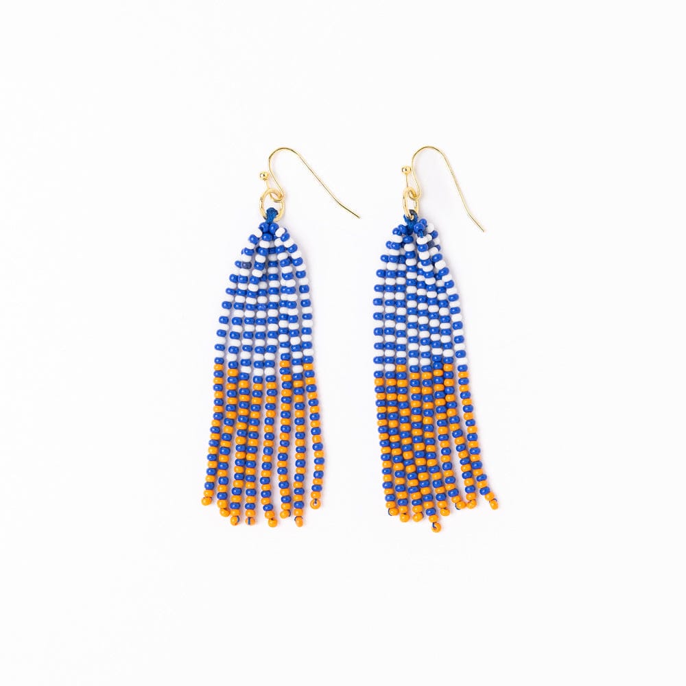Game Day Tassel Seed Bead Earrings Blue + Orange Fringe