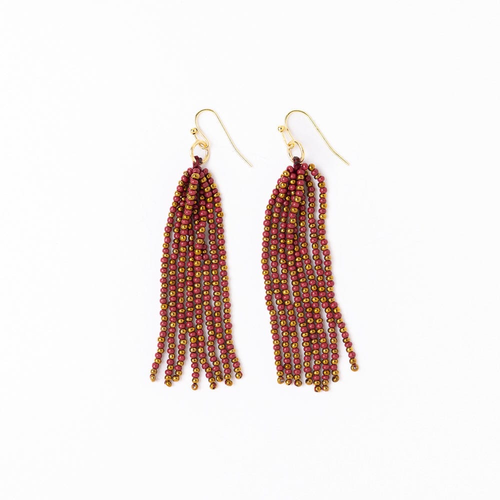 Game Day Tassel Seed Bead Earrings Garnet + Gold Fringe