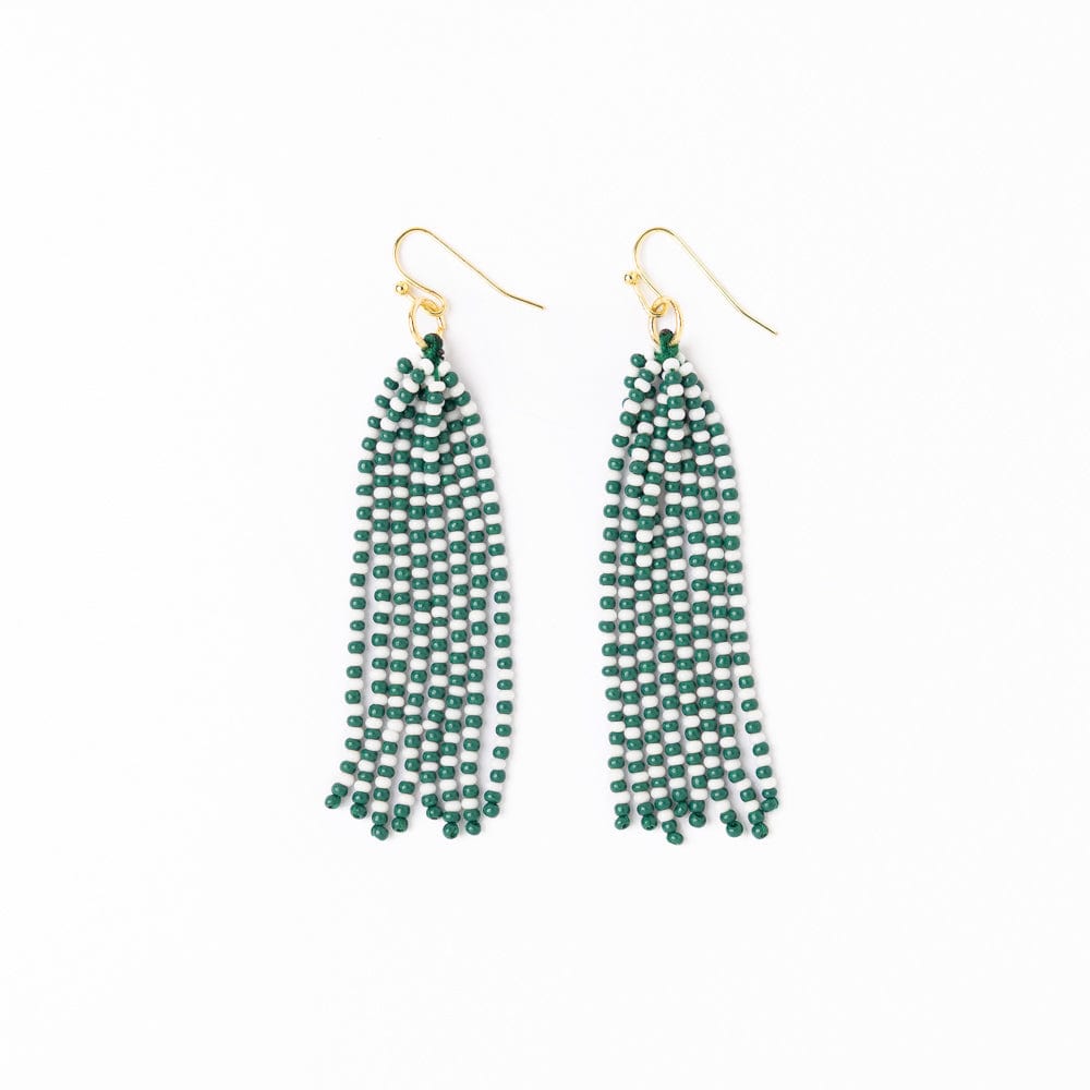 Game Day Tassel Seed Bead Earrings Green + White Fringe