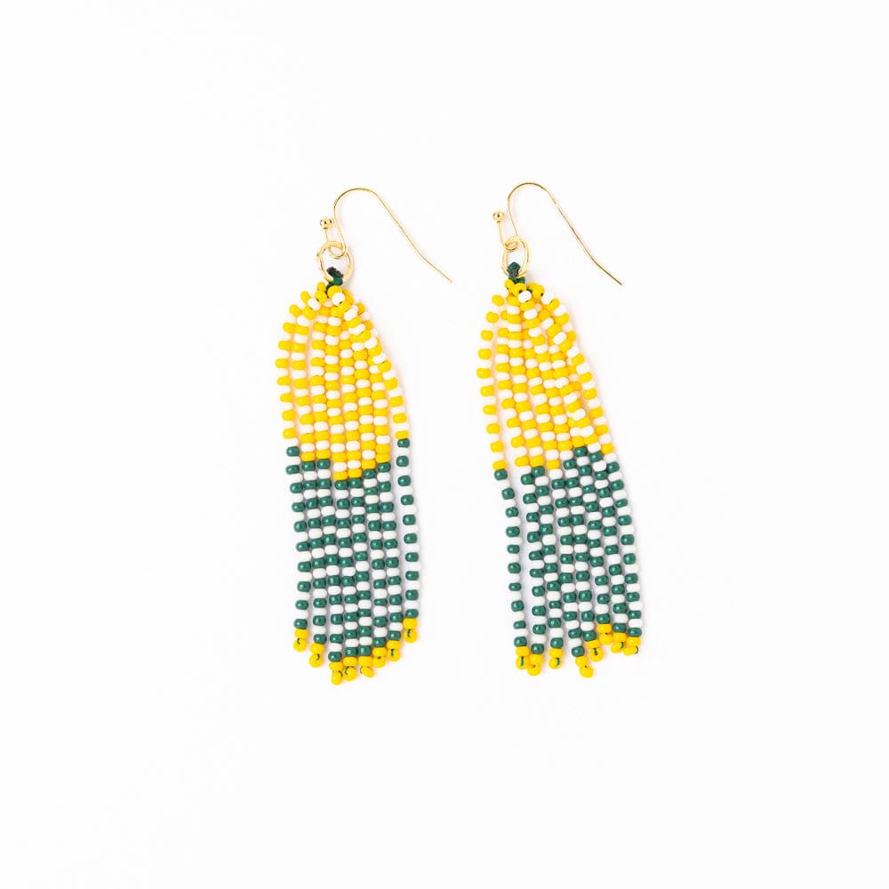 Game Day Tassel Seed Bead Earrings Green + Yellow Fringe