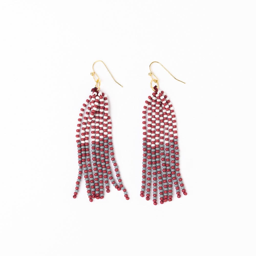 Game Day Tassel Seed Bead Earrings Maroon + White Fringe