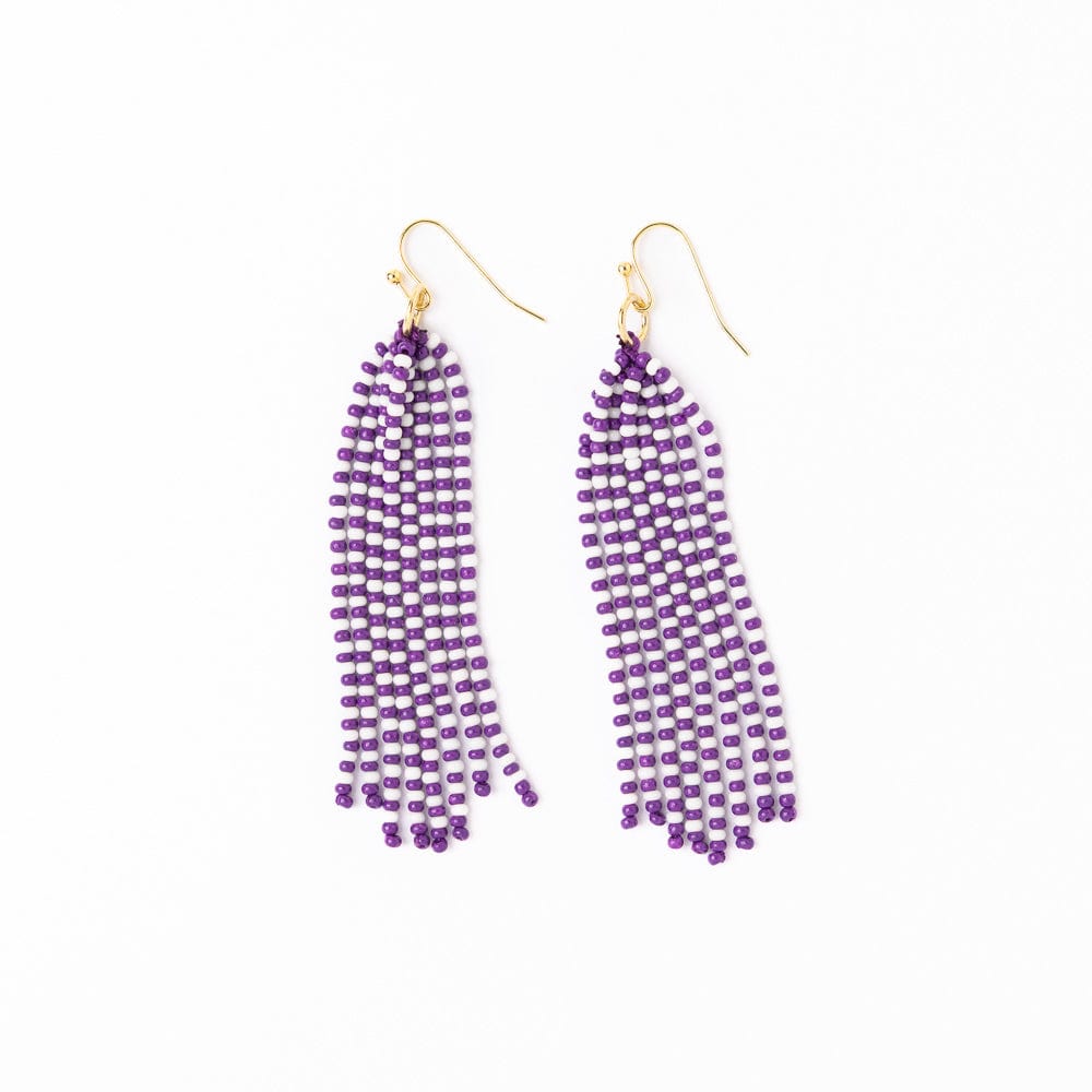 Game Day Tassel Seed Bead Earrings Purple + White Fringe