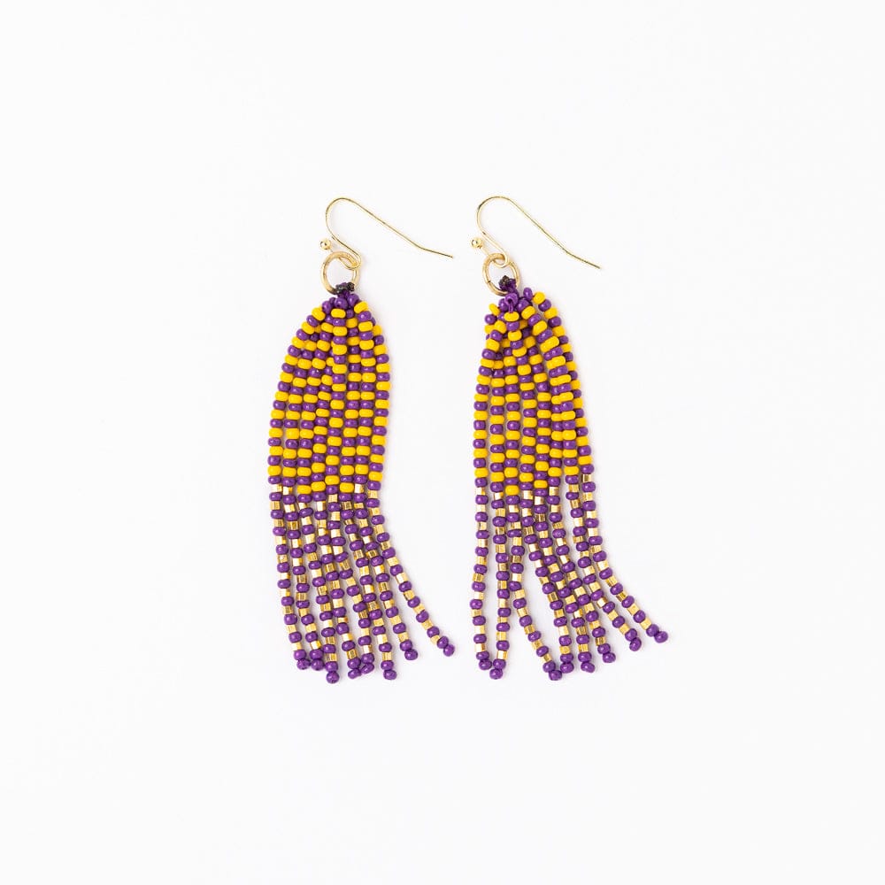 Game Day Tassel Seed Bead Earrings Purple + Yellow Fringe