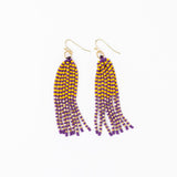 Game Day Tassel Seed Bead Earrings Purple + Yellow Fringe