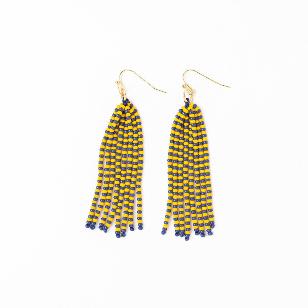 Game Day Tassel Seed Bead Earrings Yellow + Blue Fringe
